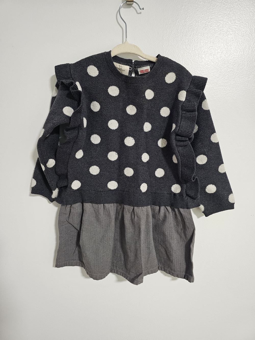 🧸2/20$ Zara Polka Dot Ruffle Sweater Dress Grey Size 3-4T Girl
